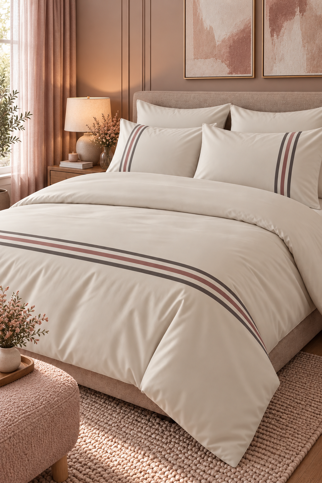6-Piece Bedding Set – Plain Fitted Sheet & Duvet Cover with 3 Lines