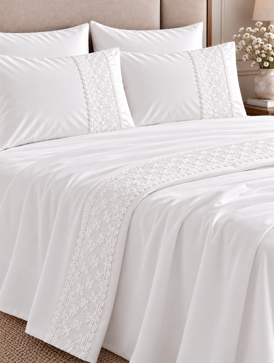 6-Piece Dentelle Bedding Set – Top Sheet with Dentelle, Plain Fitted Sheet, 2 Pillowcases with Dentelle & 2 Plain Pillowcases