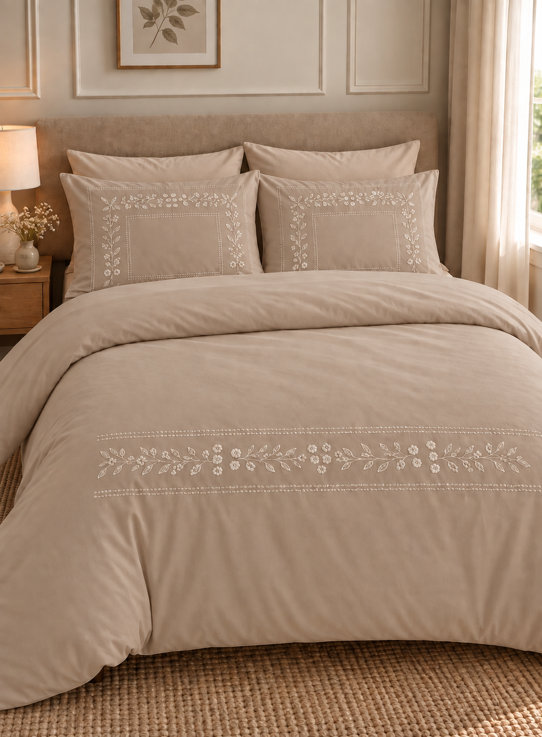 6-Piece Bedding Set – Embroidered Duvet Cover, Plain Fitted Sheet, 2 Embroidered Pillowcases & 2 Plain Pillowcases