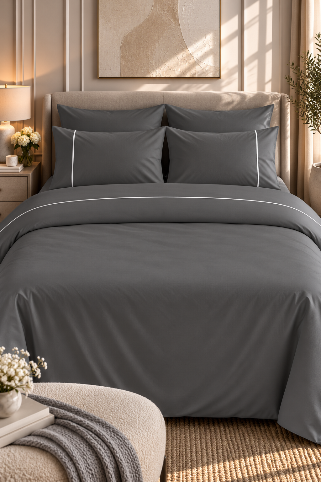 4-Piece Bedding Set – Duvet Cover with Line, Plain Fitted Sheet, 2 Pillowcases with Line