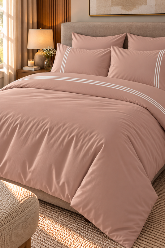 6-Piece Bedding Set – Duvet Cover with 3 Lines, Plain Fitted Sheet, 2 Pillowcases with 3 Lines & 2 Plain Pillowcases