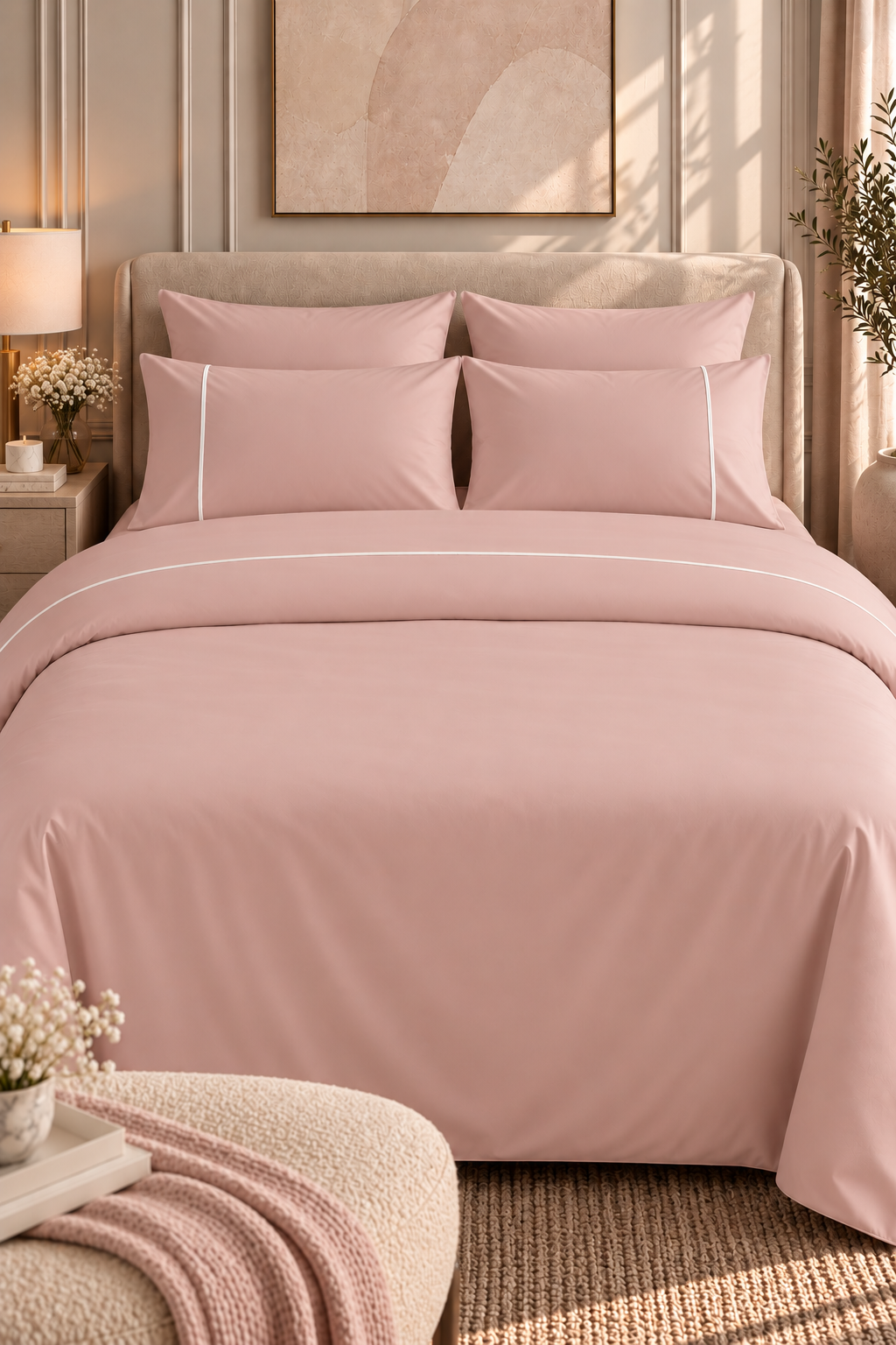 6-Piece Bedding Set – Duvet Cover with Line, Plain Fitted Sheet, 2 Pillowcases with Line & 2 Plain Pillowcases