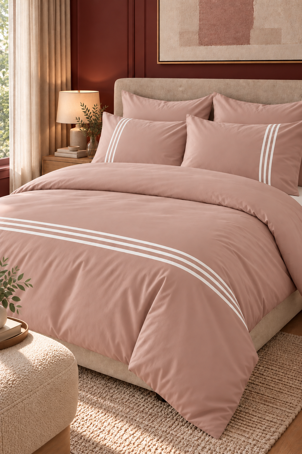 6-Piece Bedding Set – Plain Fitted Sheet & Duvet Cover with 3 Lines