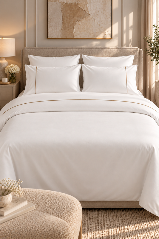6-Piece Bedding Set – Duvet Cover with Line, Plain Fitted Sheet, 2 Pillowcases with Line & 2 Plain Pillowcases