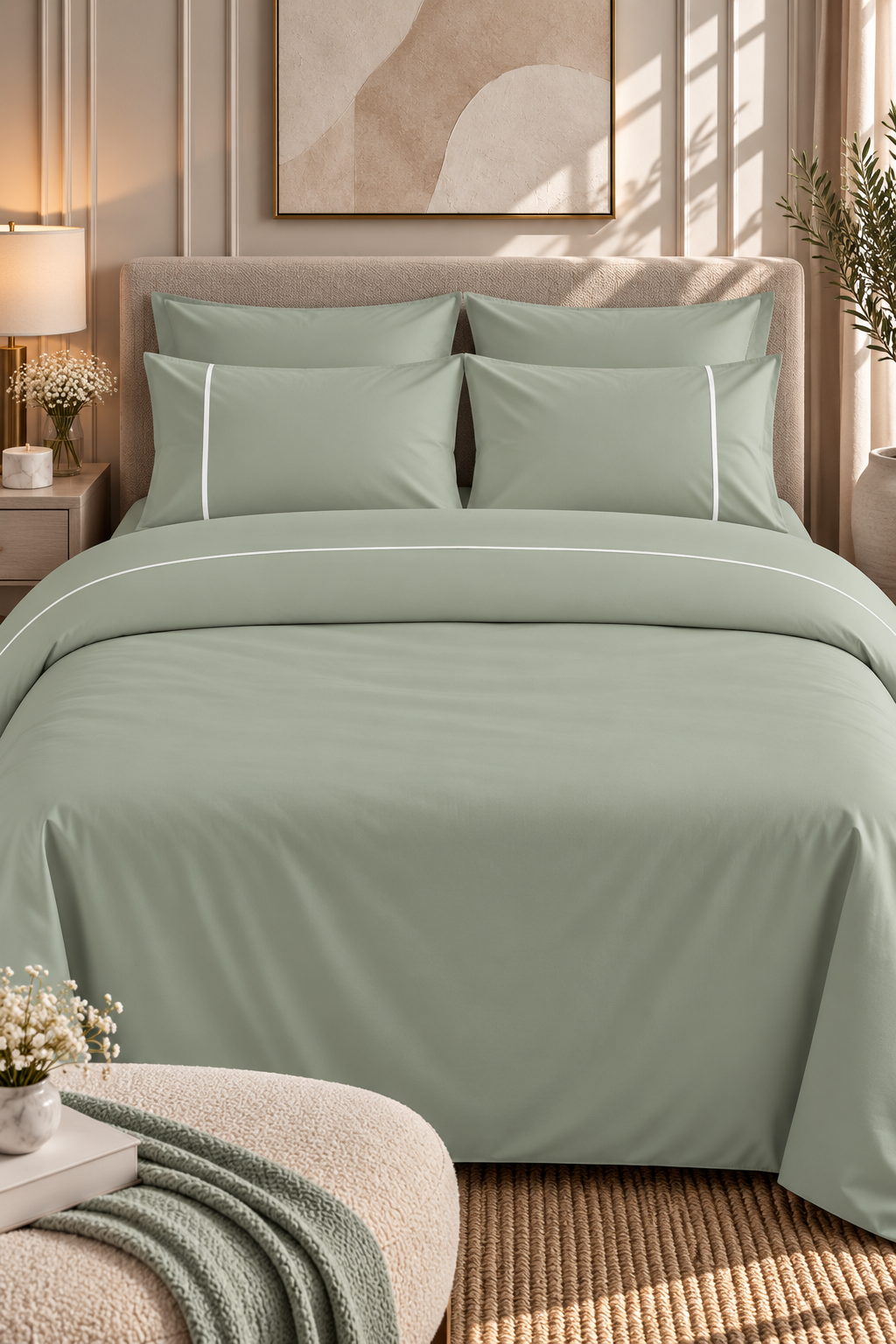 6-Piece Bedding Set – Duvet Cover with Line, Plain Fitted Sheet, 2 Pillowcases with Line & 2 Plain Pillowcases