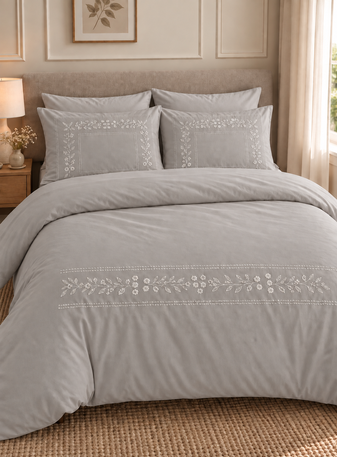 6-Piece Bedding Set – Embroidered Duvet Cover, Plain Fitted Sheet, 2 Embroidered Pillowcases & 2 Plain Pillowcases