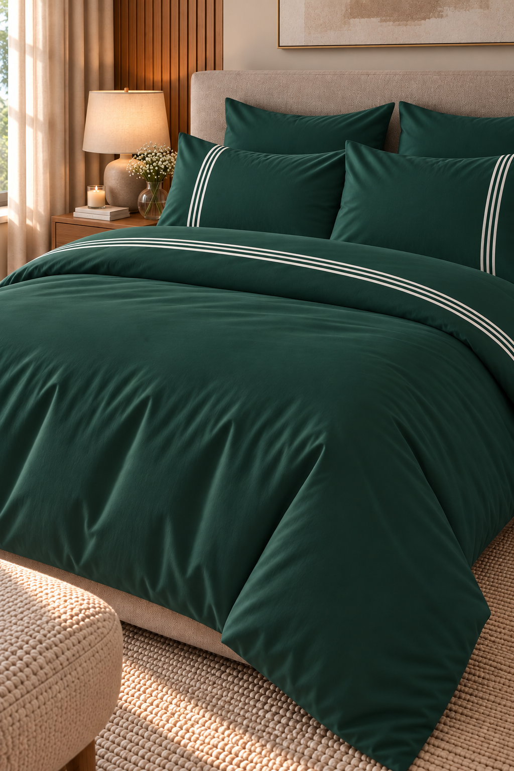 6-Piece Bedding Set – Duvet Cover with 3 Lines, Plain Fitted Sheet, 2 Pillowcases with 3 Lines & 2 Plain Pillowcases