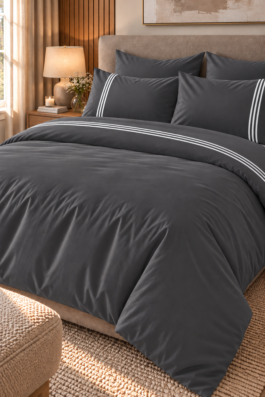 6-Piece Bedding Set – Duvet Cover with 3 Lines, Plain Fitted Sheet, 2 Pillowcases with 3 Lines & 2 Plain Pillowcases