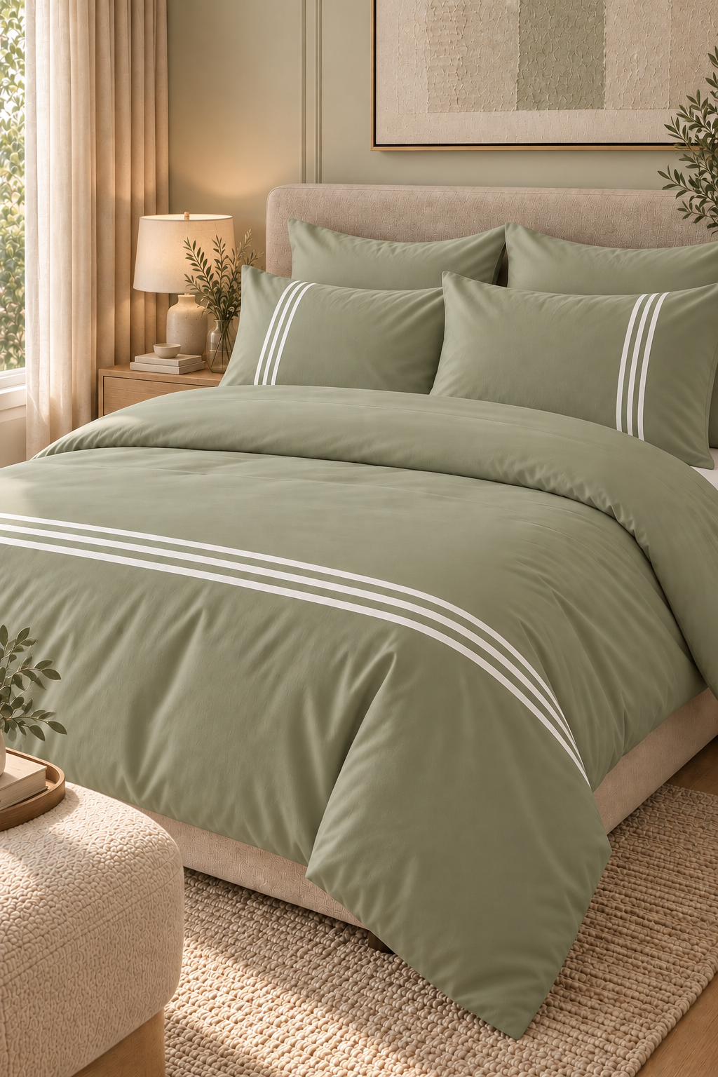 6-Piece Bedding Set – Plain Fitted Sheet & Duvet Cover with 3 Lines