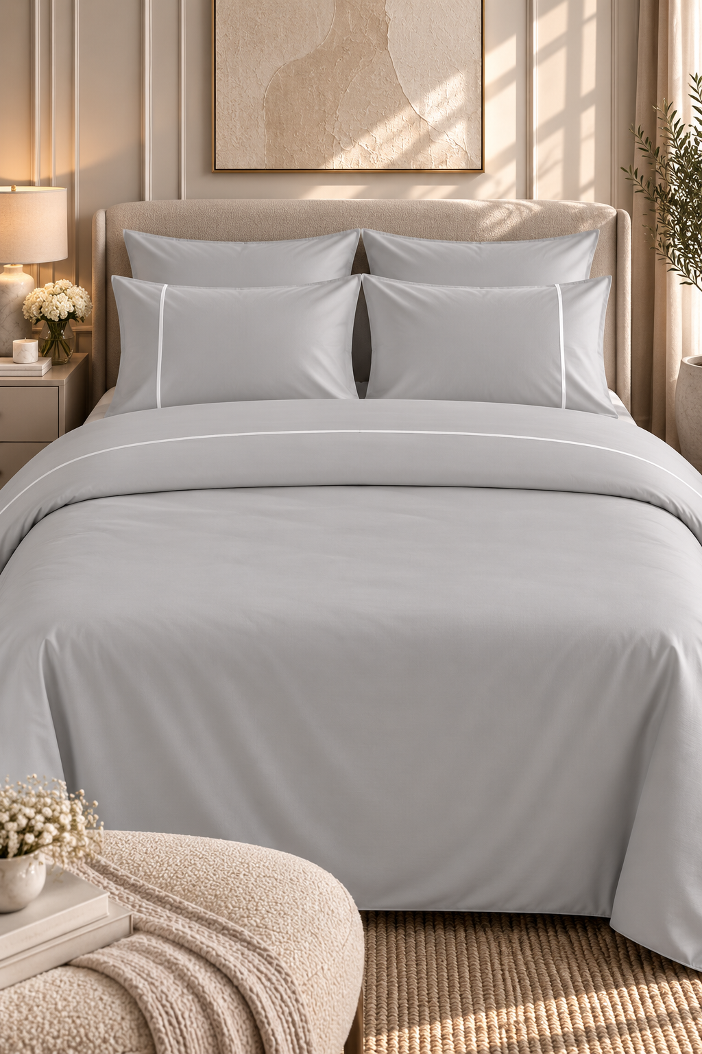 4-Piece Bedding Set – Duvet Cover with Line, Plain Fitted Sheet, 2 Pillowcases with Line