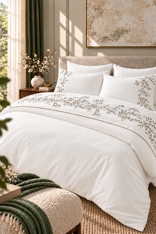 6-Piece Bedding Set – Embroidered Duvet Cover, Plain Fitted Sheet, 2 Embroidered Pillowcases & 2 Plain Pillowcases