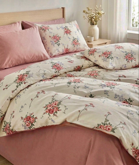 6-Piece Bedding Set – Plain Fitted Sheet & Duvet Cover with Pattern