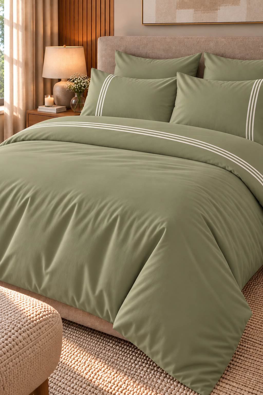 6-Piece Bedding Set – Duvet Cover with 3 Lines, Plain Fitted Sheet, 2 Pillowcases with 3 Lines & 2 Plain Pillowcases