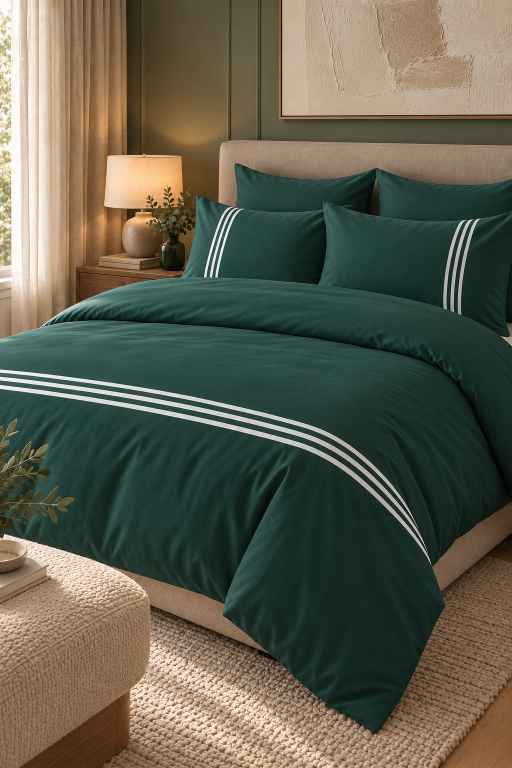 6-Piece Bedding Set – Plain Fitted Sheet & Duvet Cover with 3 Lines