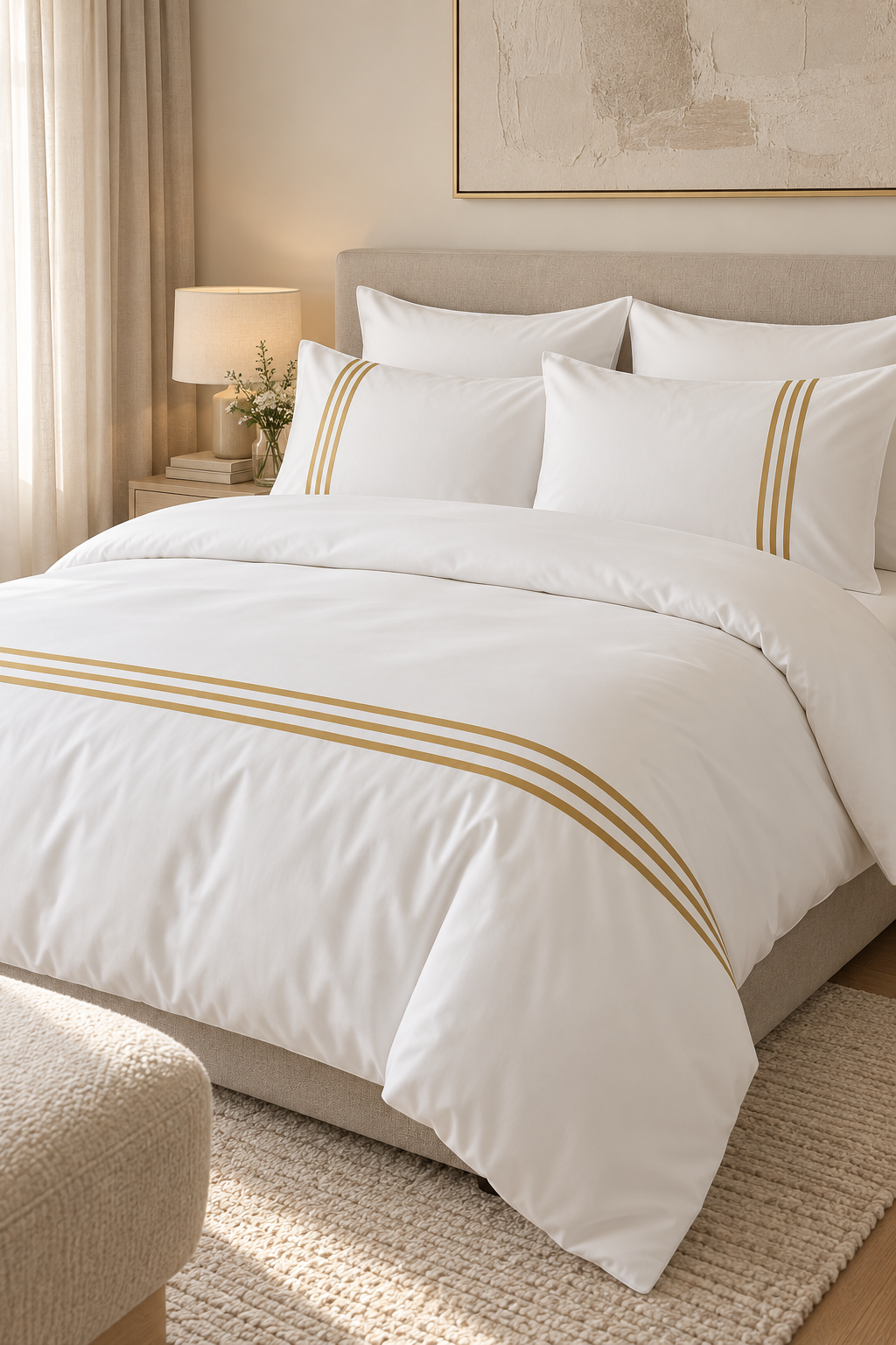 6-Piece Bedding Set – Plain Fitted Sheet & Duvet Cover with 3 Lines