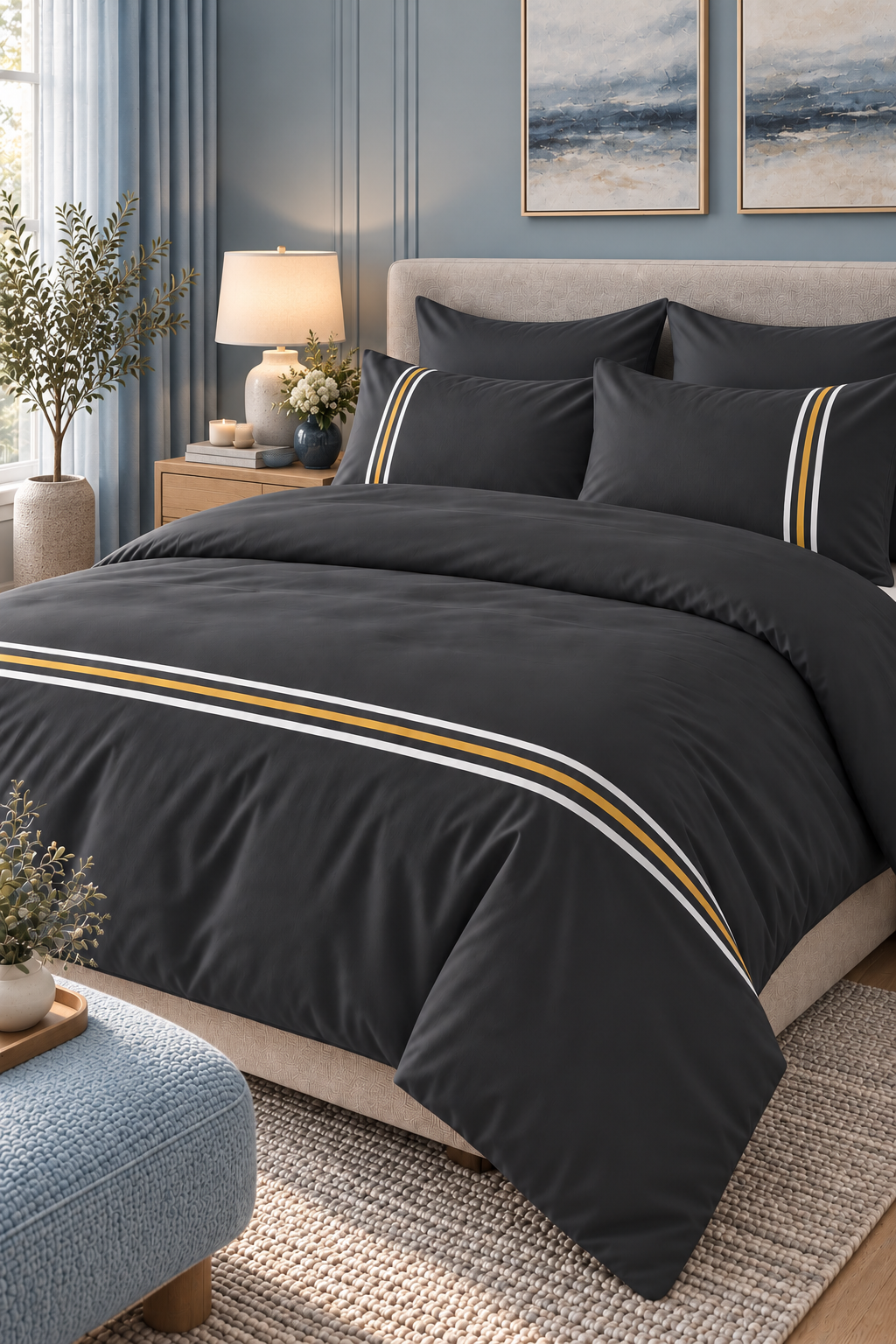6-Piece Bedding Set – Plain Fitted Sheet & Duvet Cover with 3 Lines