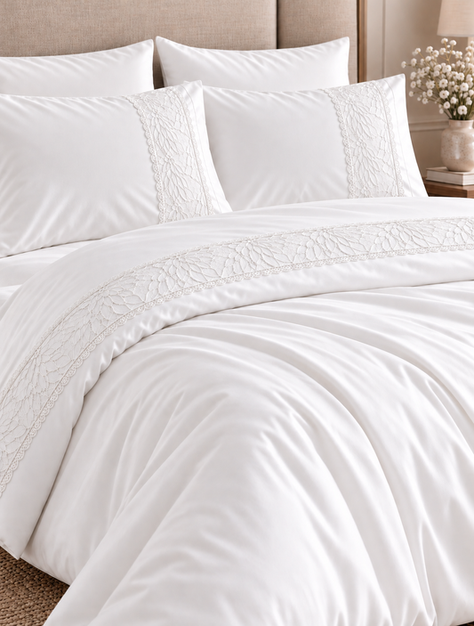 6-Piece Dentelle Bedding Set - Dentelle Duvet Cover, Plain Fitted Sheet, 2 Dentelle Pillowcases & 2 Plain Pillowcases