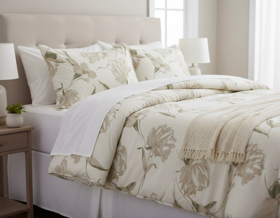 6-Piece Bedding Set – Plain Fitted Sheet & Duvet Cover with Pattern