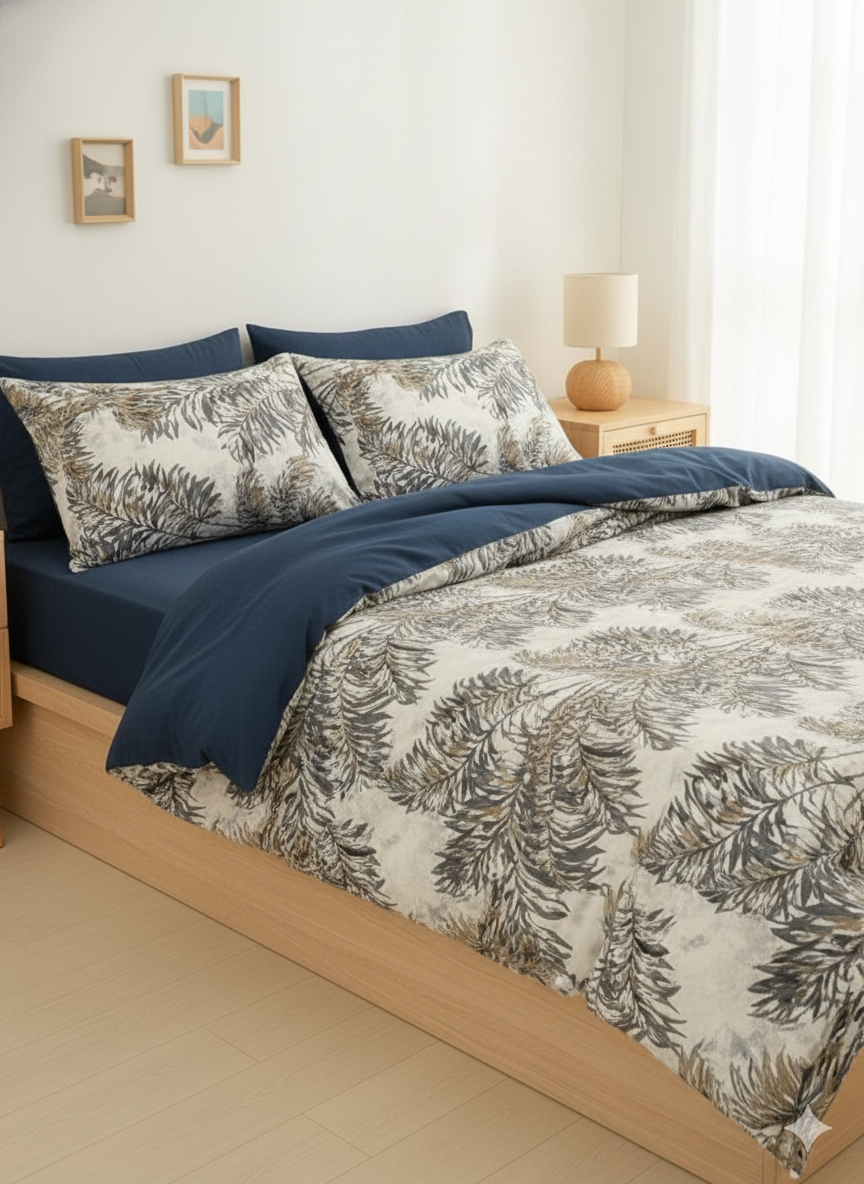 6-Piece Bedding Set – Plain Fitted Sheet & Duvet Cover with Pattern