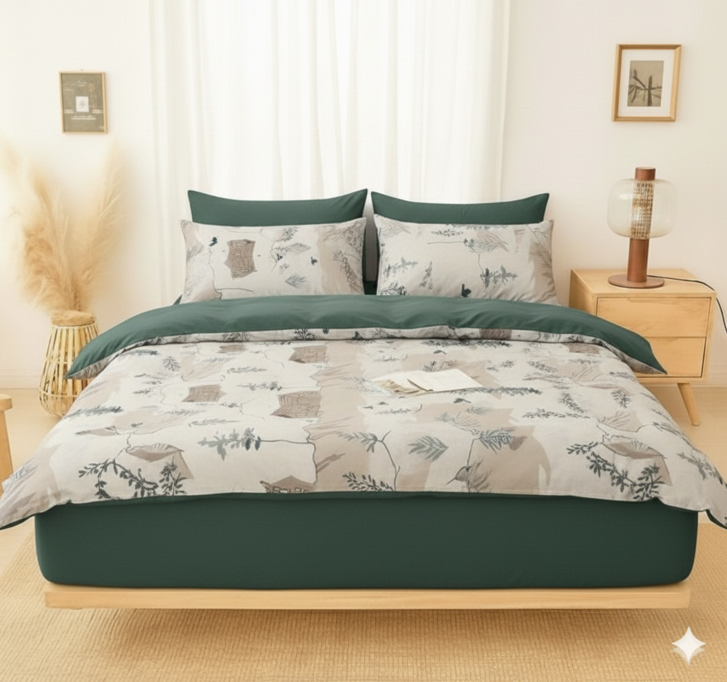 6-Piece Bedding Set – Plain Fitted Sheet & Duvet Cover with Pattern