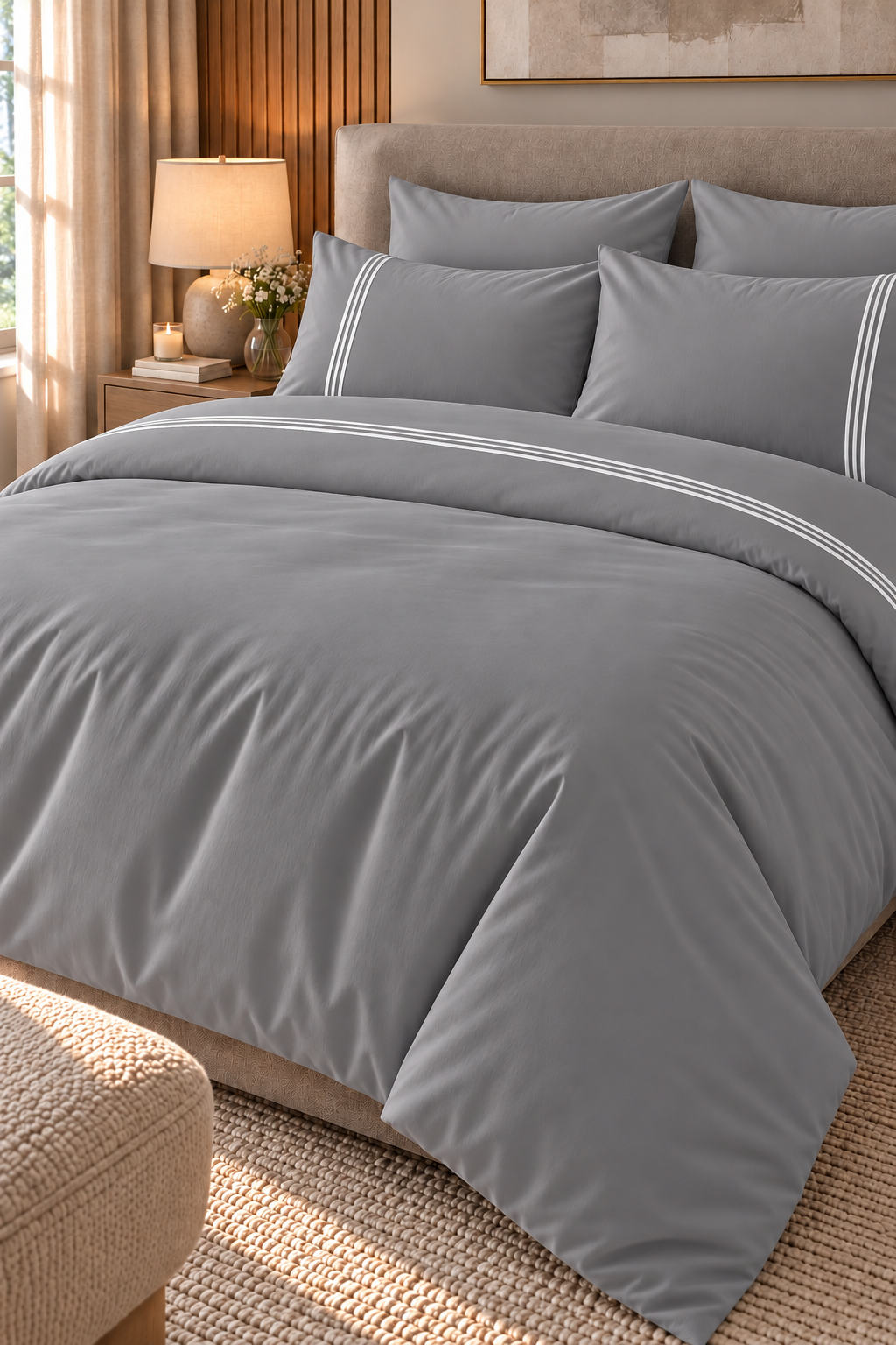 6-Piece Bedding Set – Duvet Cover with 3 Lines, Plain Fitted Sheet, 2 Pillowcases with 3 Lines & 2 Plain Pillowcases