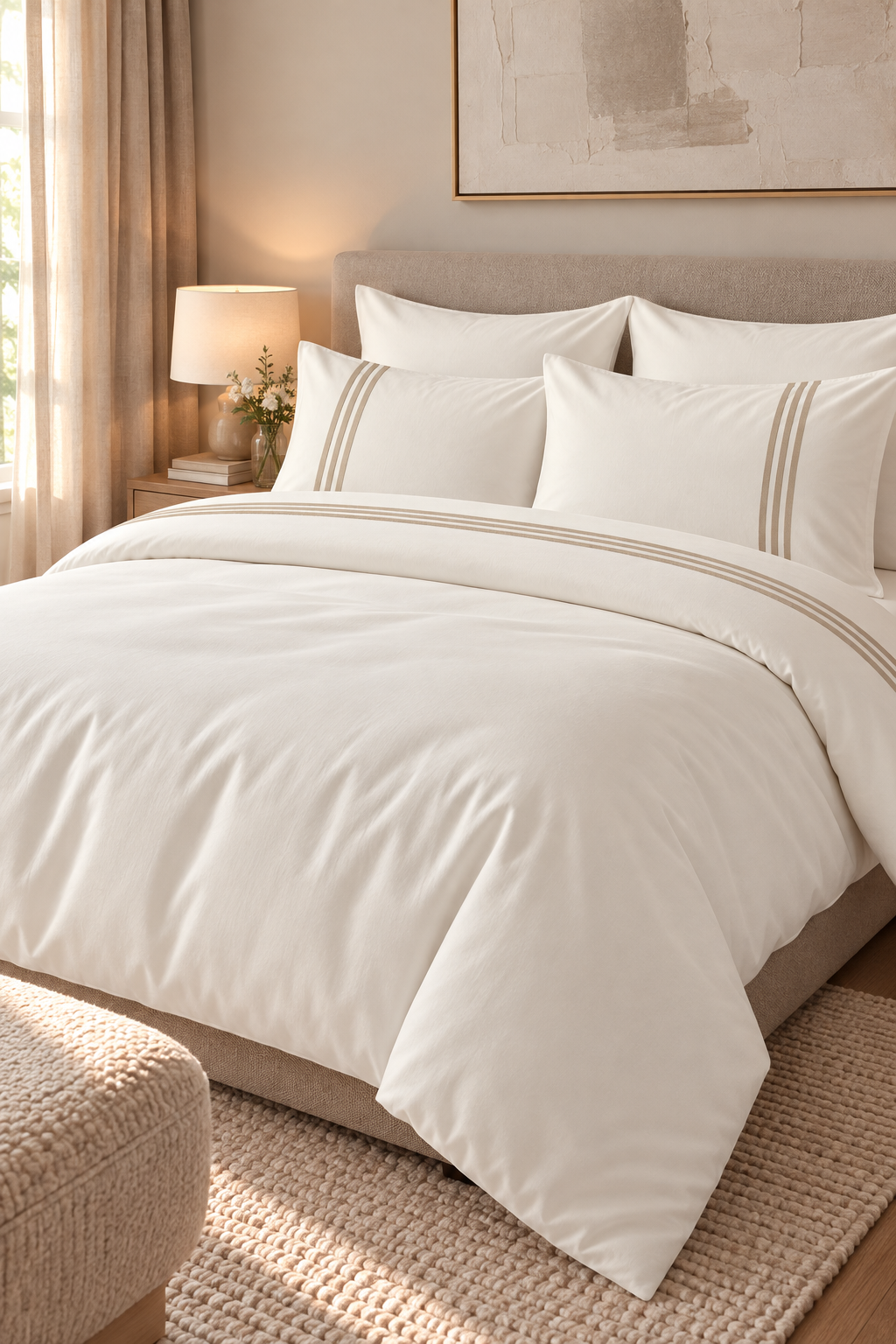 6-Piece Bedding Set – Duvet Cover with 3 Lines, Plain Fitted Sheet, 2 Pillowcases with 3 Lines & 2 Plain Pillowcases