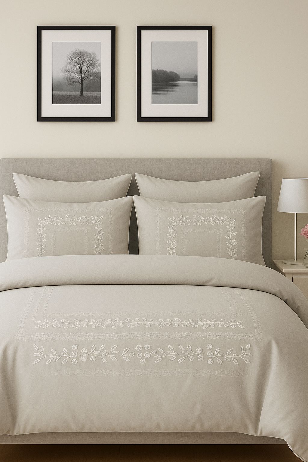 6-Piece Bedding Set – Plain Fitted Sheet & Embroidered Duvet Cover