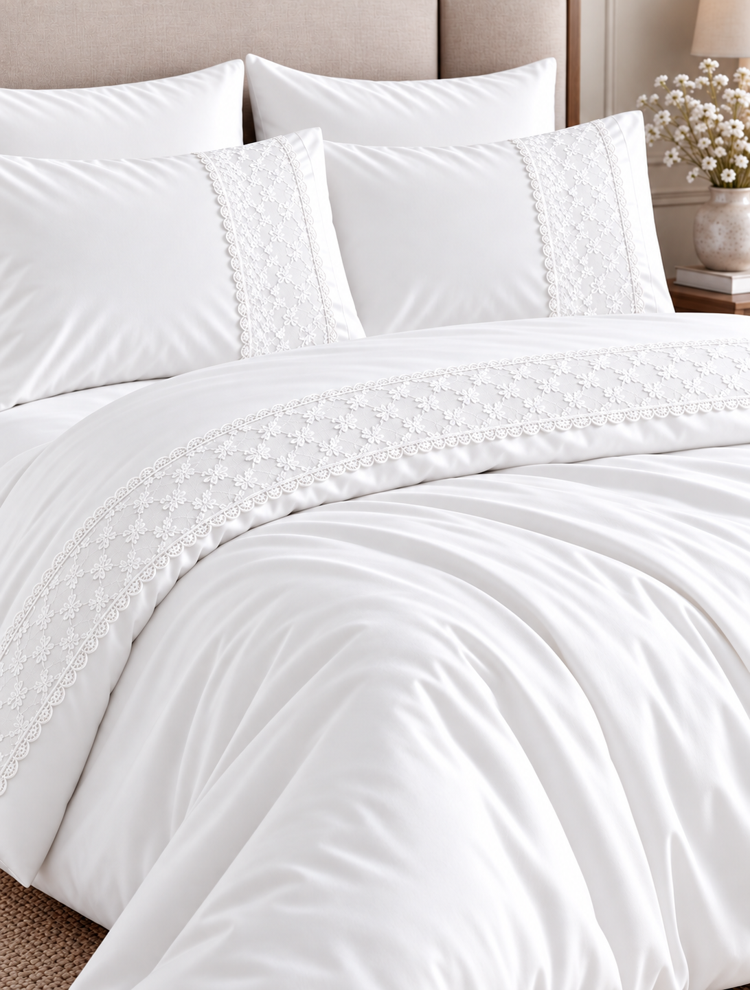 6-Piece Dentelle Bedding Set - Dentelle Duvet Cover, Plain Fitted Sheet, 2 Dentelle Pillowcases & 2 Plain Pillowcases