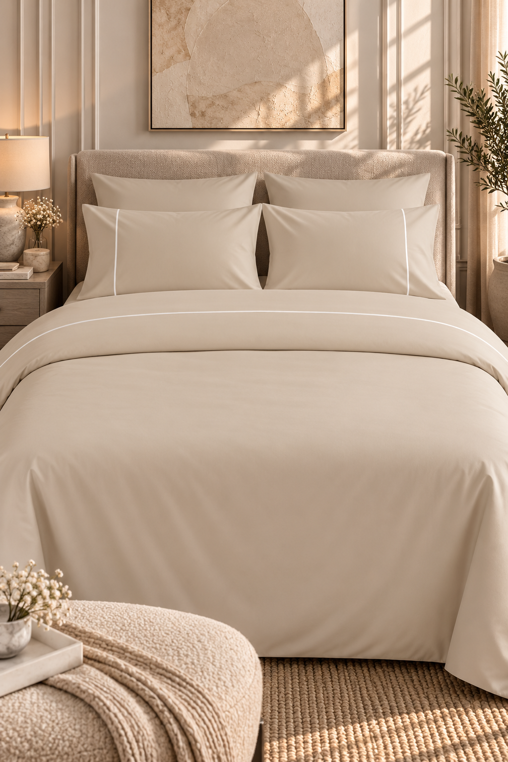 6-Piece Bedding Set – Duvet Cover with Line, Plain Fitted Sheet, 2 Pillowcases with Line & 2 Plain Pillowcases