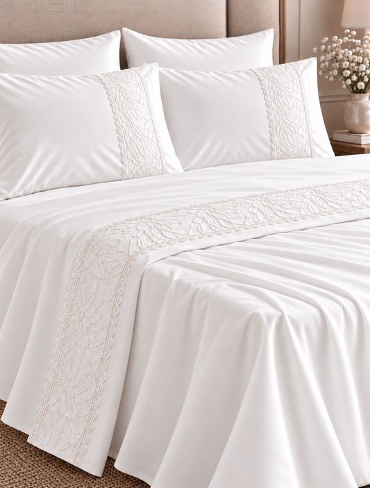 6-Piece Dentelle Bedding Set – Top Sheet with Dentelle, Plain Fitted Sheet, 2 Pillowcases with Dentelle & 2 Plain Pillowcases