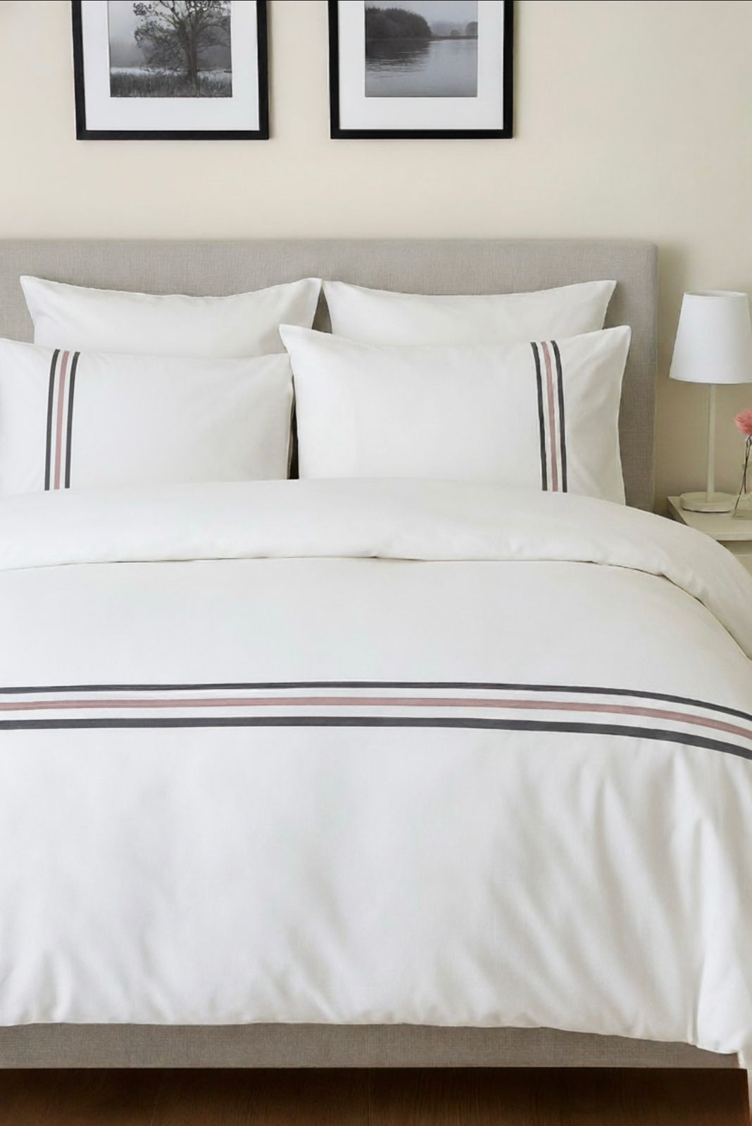 6-Piece Bedding Set – Plain Fitted Sheet & Duvet Cover with 3 Lines